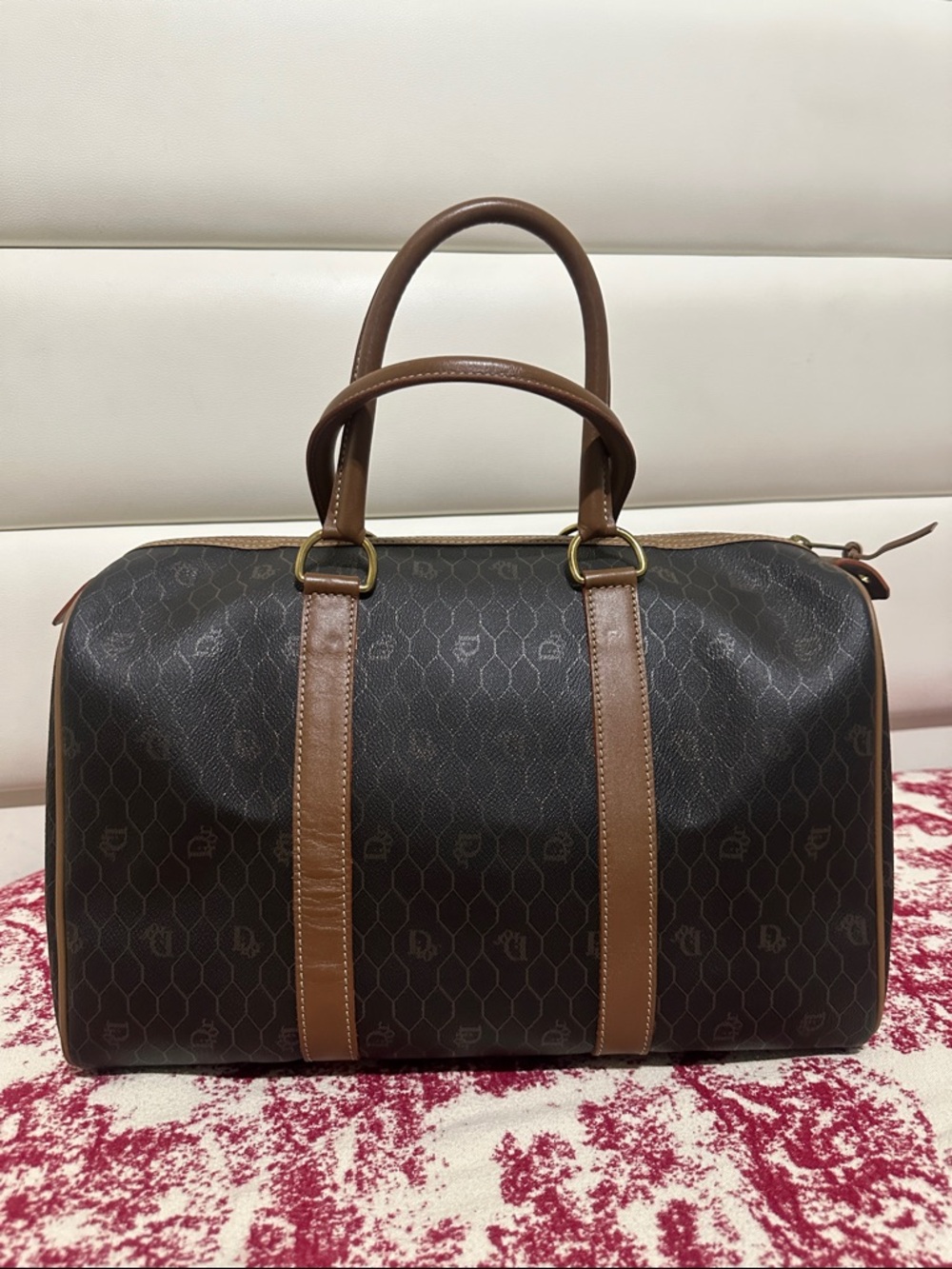 Christian Dion PVC Brown Monogram Travel Duffle Bag with Leather Trim - Picture 2 of 15